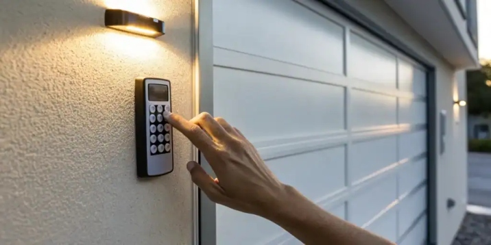 Technician performing garage door keypad repair Reseda on residential garage door keypad system